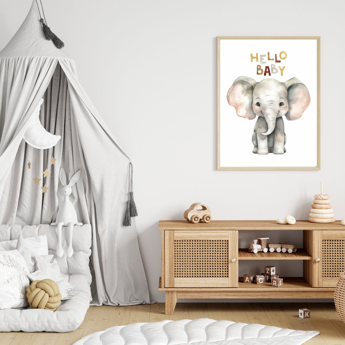 Kids Poster - Nursery Décor Prints - "Hello Baby" Elephant