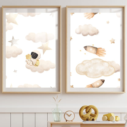 Boy's Poster Set - Nursery Décor Prints - Astronaut & Rockets In Space
