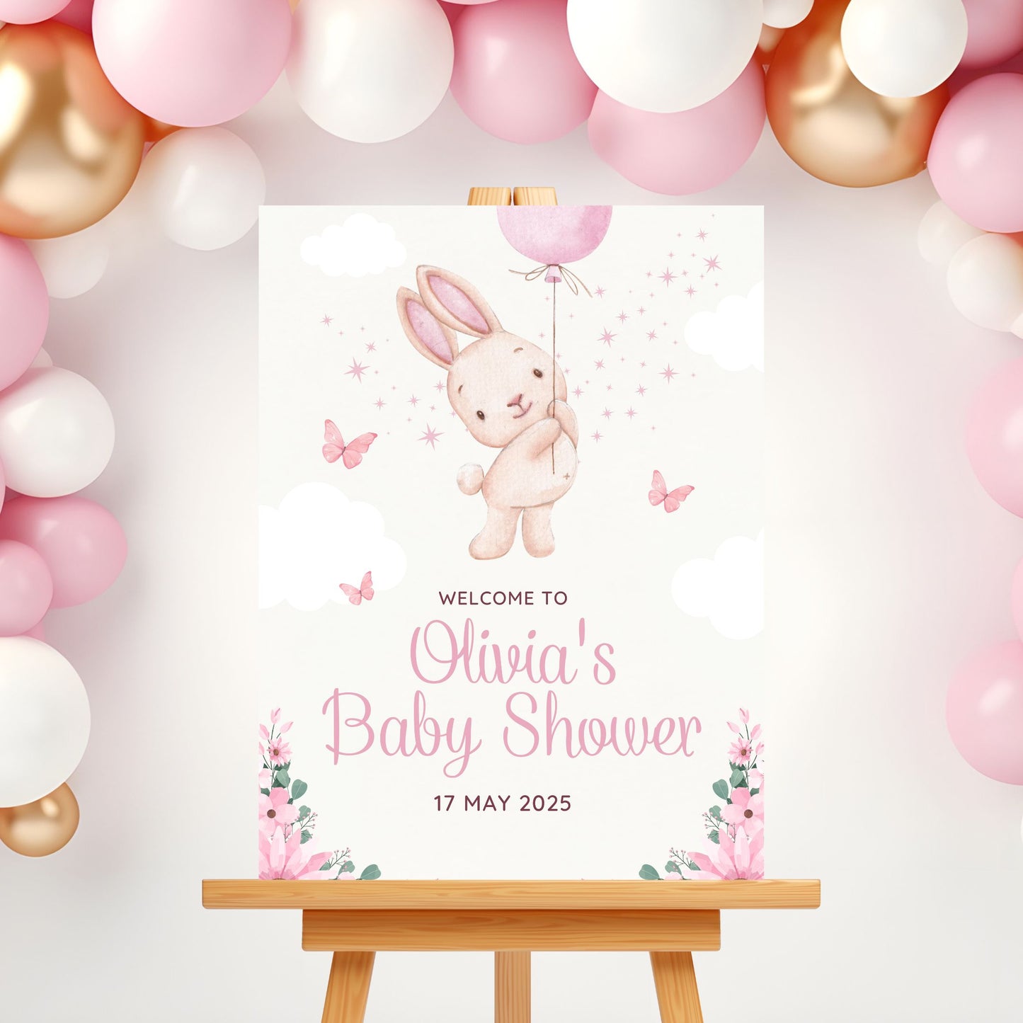 Baby Shower Welcome Sign Board - Pink Floral Bunny & Butterflies