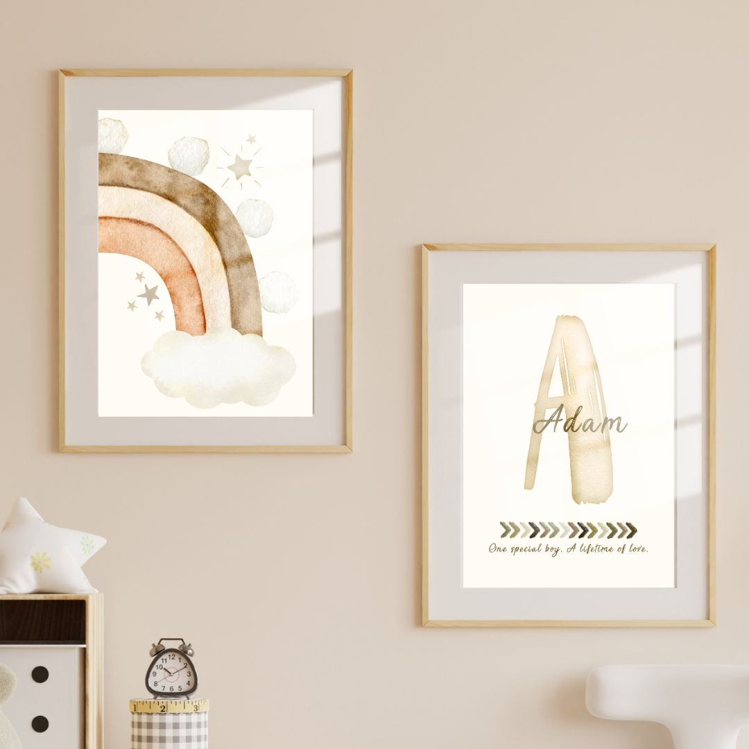Custom Name Print Set - Beige Boho Rainbow - Kids Personalised Wall Art Decor