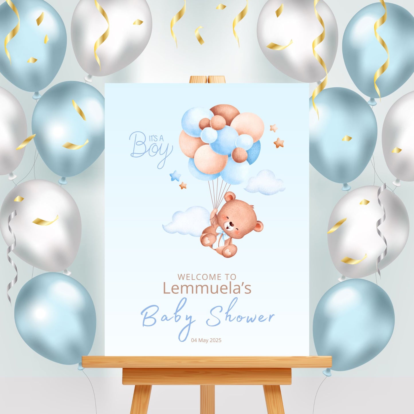 Baby Shower Welcome Sign Board - Blue "It's A Boy" Teddy & Balloons