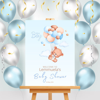 Baby Shower Welcome Sign Board - Blue "It's A Boy" Teddy & Balloons