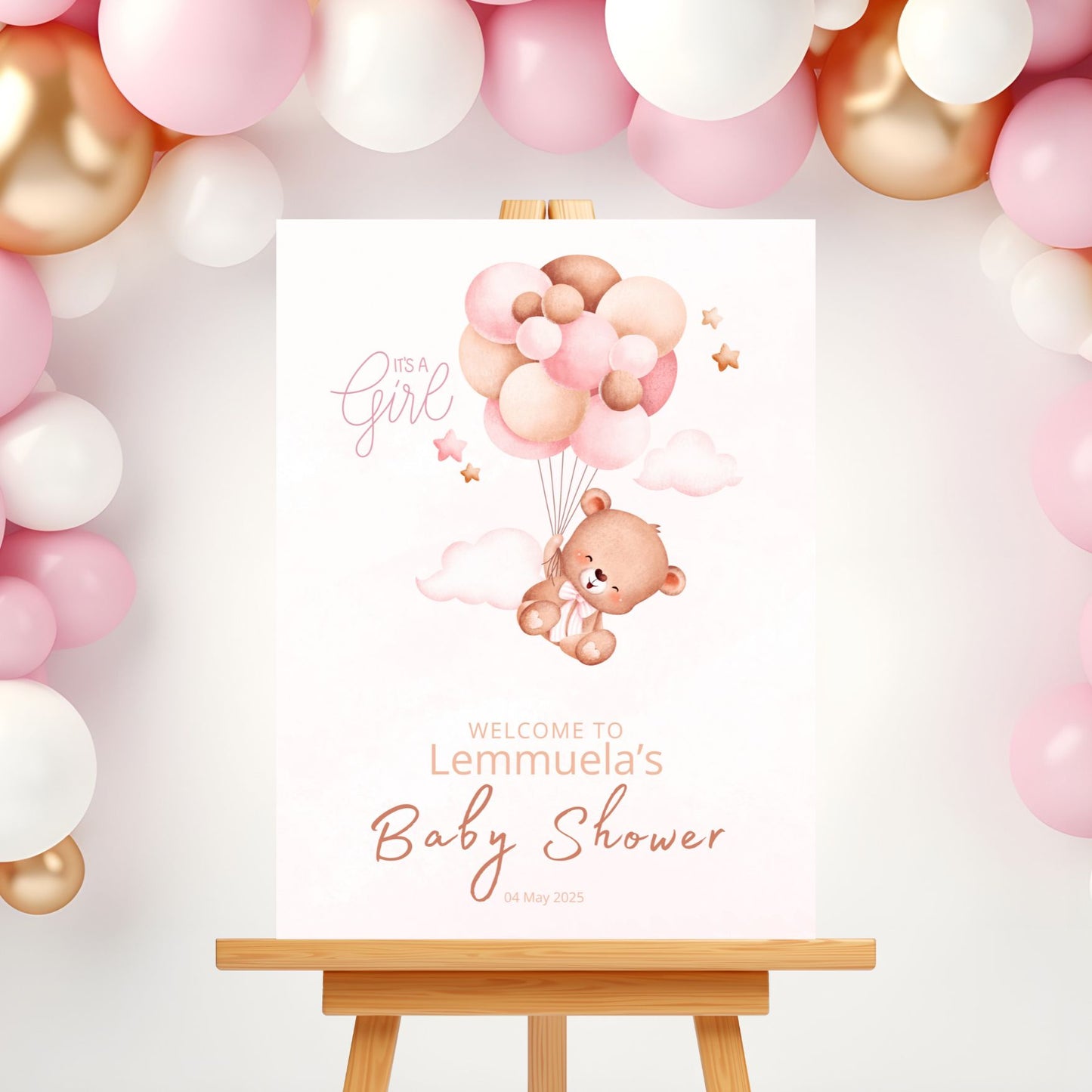 Baby Shower Welcome Sign Board - Pink "It's A Girl" Teddy & Balloons