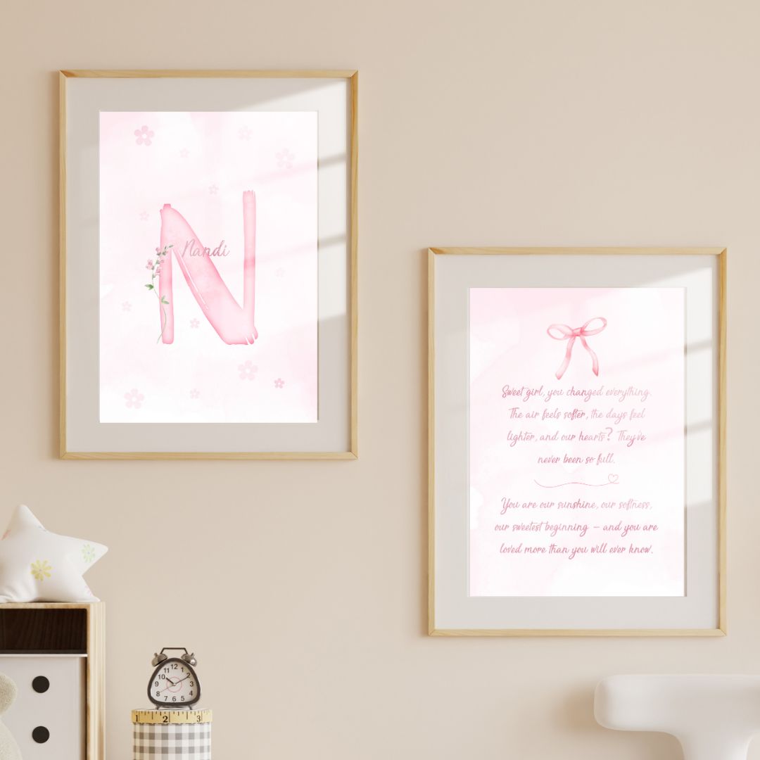 Custom Name Poster Set - Pink Floral Bow Quote