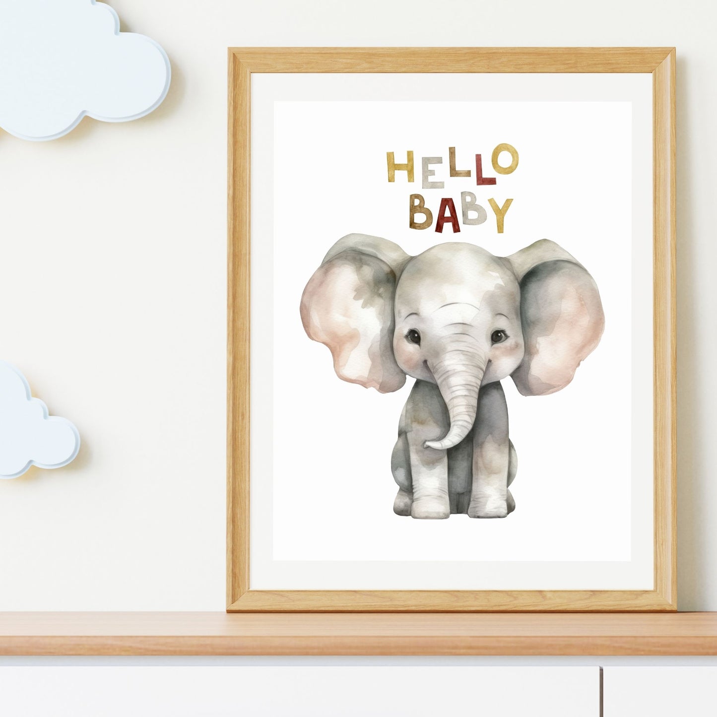 Kids Poster - Nursery Décor Prints - "Hello Baby" Elephant