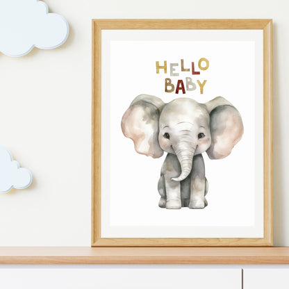Kids Poster - Nursery Décor Prints - "Hello Baby" Elephant