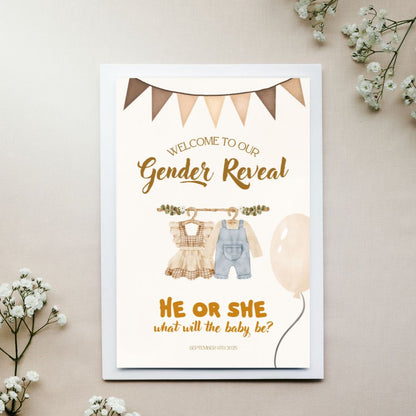 Gender Reveal Welcome Sign Board - Neutral Boho "He or She?"
