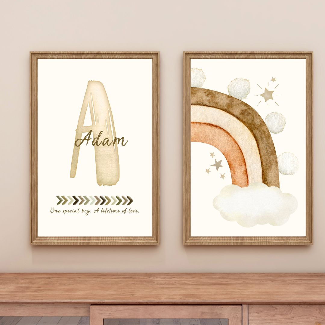 Custom Name Print Set - Beige Boho Rainbow - Kids Personalised Wall Art Decor