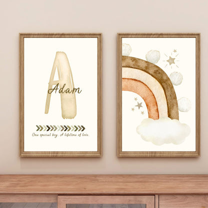 Custom Name Print Set - Beige Boho Rainbow - Kids Personalised Wall Art Decor