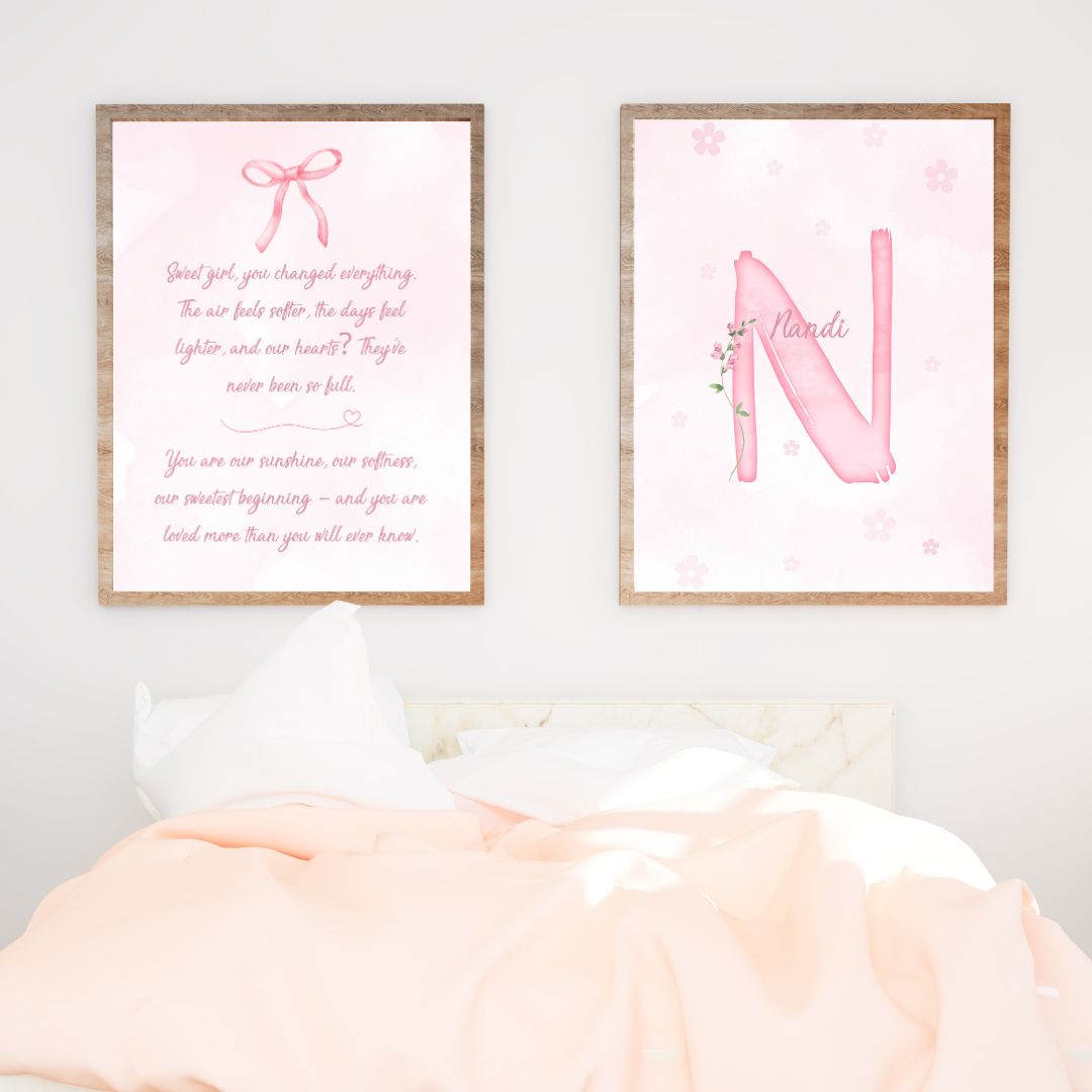 Custom Name Poster Set - Pink Floral Bow Quote