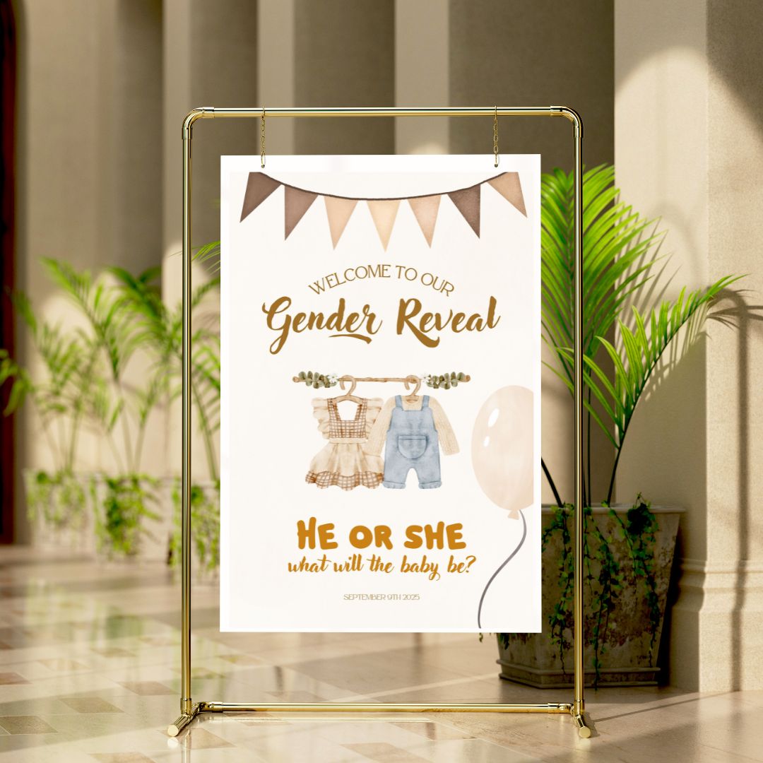 Gender Reveal Welcome Sign Board - Neutral Boho "He or She?"