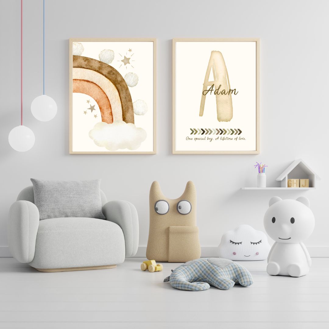 Custom Name Print Set - Beige Boho Rainbow - Kids Personalised Wall Art Decor