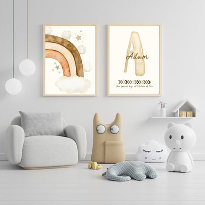 Custom Name Print Set - Beige Boho Rainbow - Kids Personalised Wall Art Decor