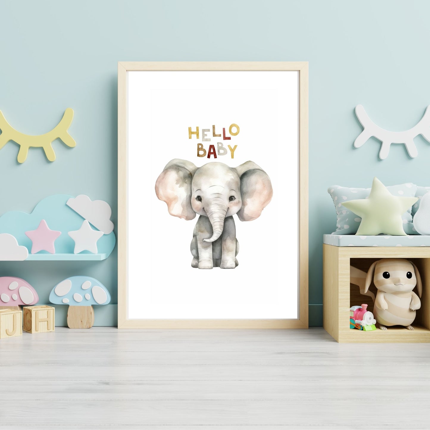 Kids Poster - Nursery Décor Prints - "Hello Baby" Elephant