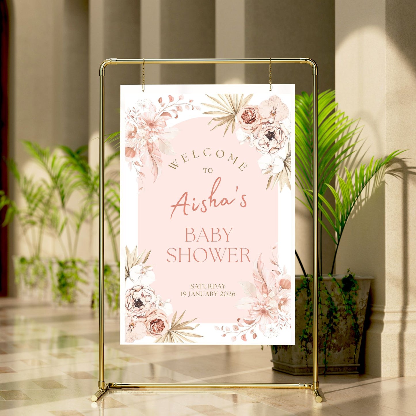 Baby Shower Welcome Sign Board - Elegant Pink Floral Blush