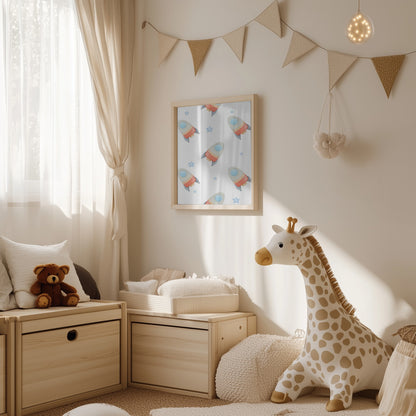 Boy's Poster - Nursery Décor Prints - Rockets & Stars In Space