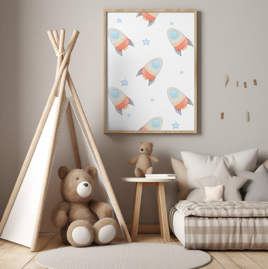 Boy's Poster - Nursery Décor Prints - Rockets & Stars In Space
