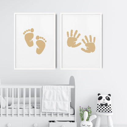 Baby Poster Set - Nursery Décor Prints - Beige Handprints & Footprints