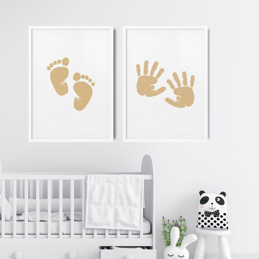 Baby Poster Set - Nursery Décor Prints - Beige Handprints & Footprints