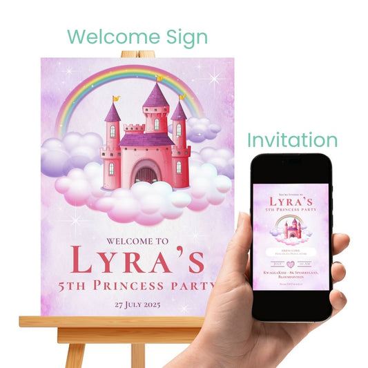 Customised Girl's Princess Birthday Event Decor - Personalised Digital Invitation + Welcome SIgn Board Bundle - SassiBloom South Africa