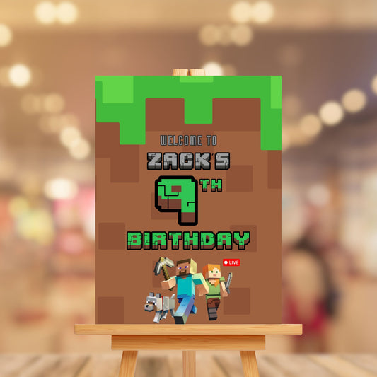 Cusomised Boy's Birthday Party Welcome Sign Board - Minecraft Theme - Personalised Custom Decor