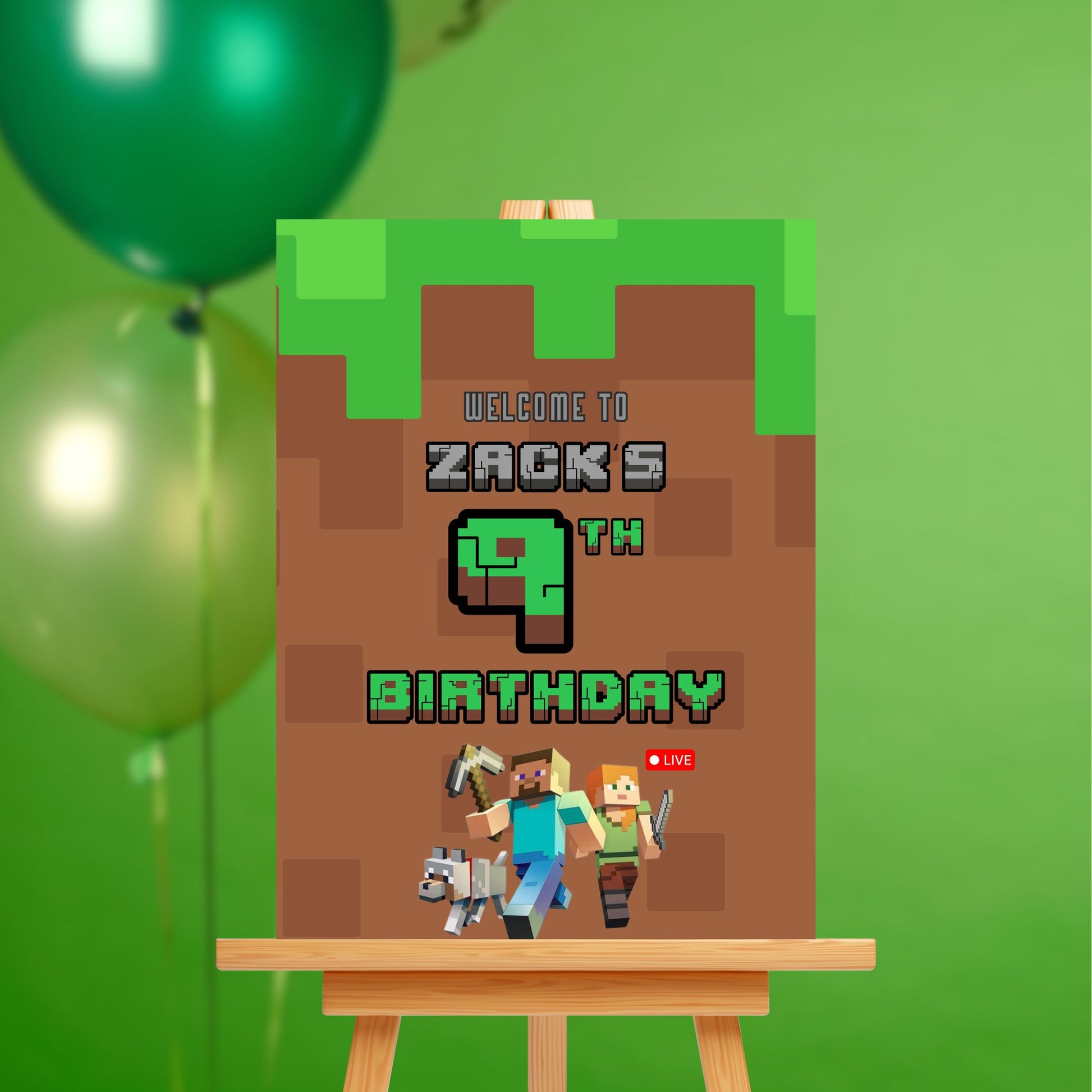 Cusomised Boy's Birthday Party Welcome Sign Board - Minecraft Theme - Personalised Custom Decor
