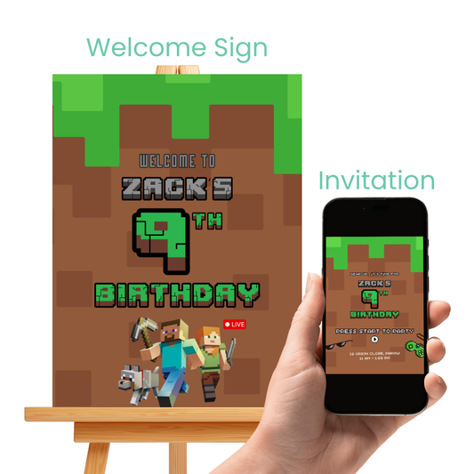 Minecraft Birthday Party Customised Event Decor - Personalised Invitation + Welcome Board - SassiBloom Design South Africa