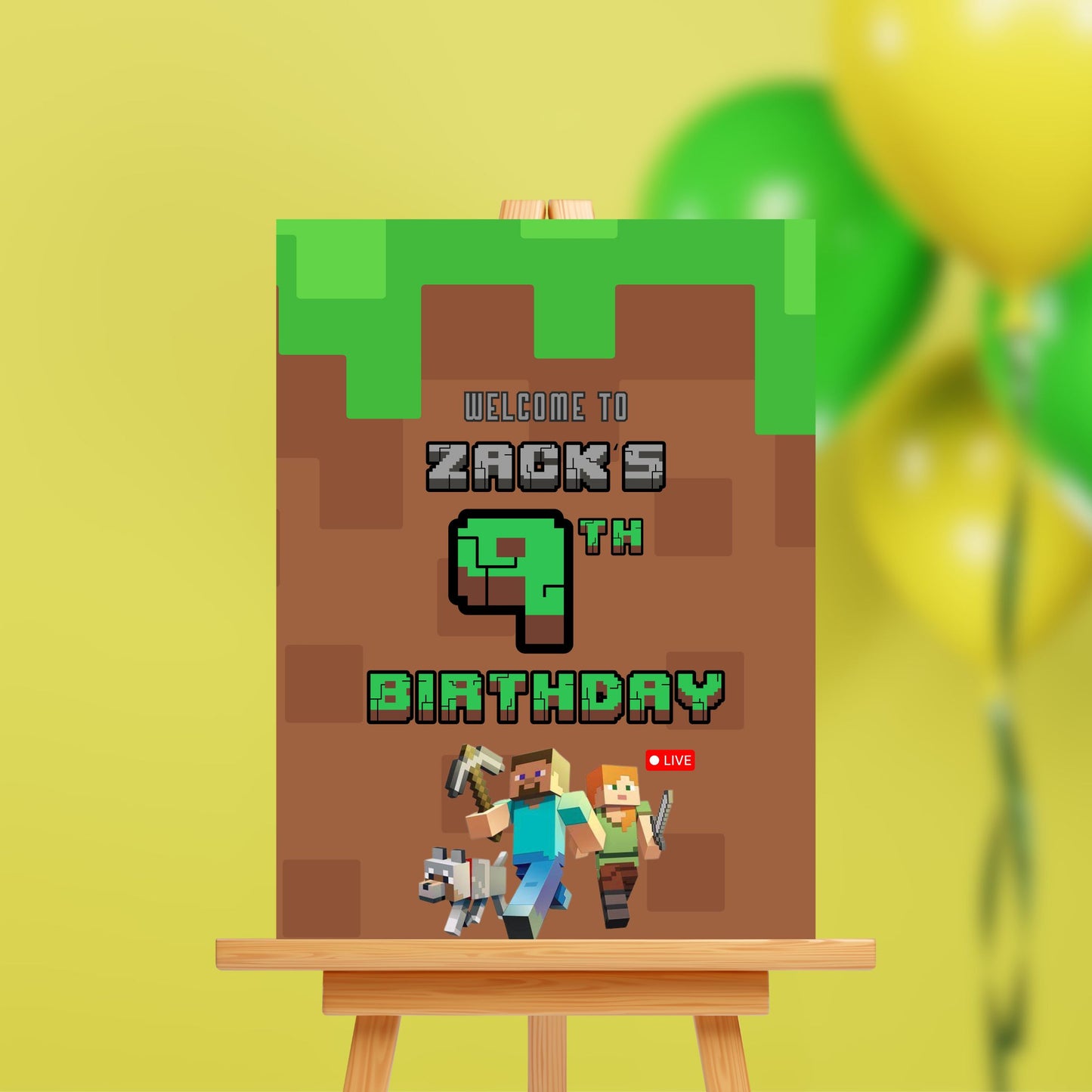 Cusomised Boy's Birthday Party Welcome Sign Board - Minecraft Theme - Personalised Custom Decor