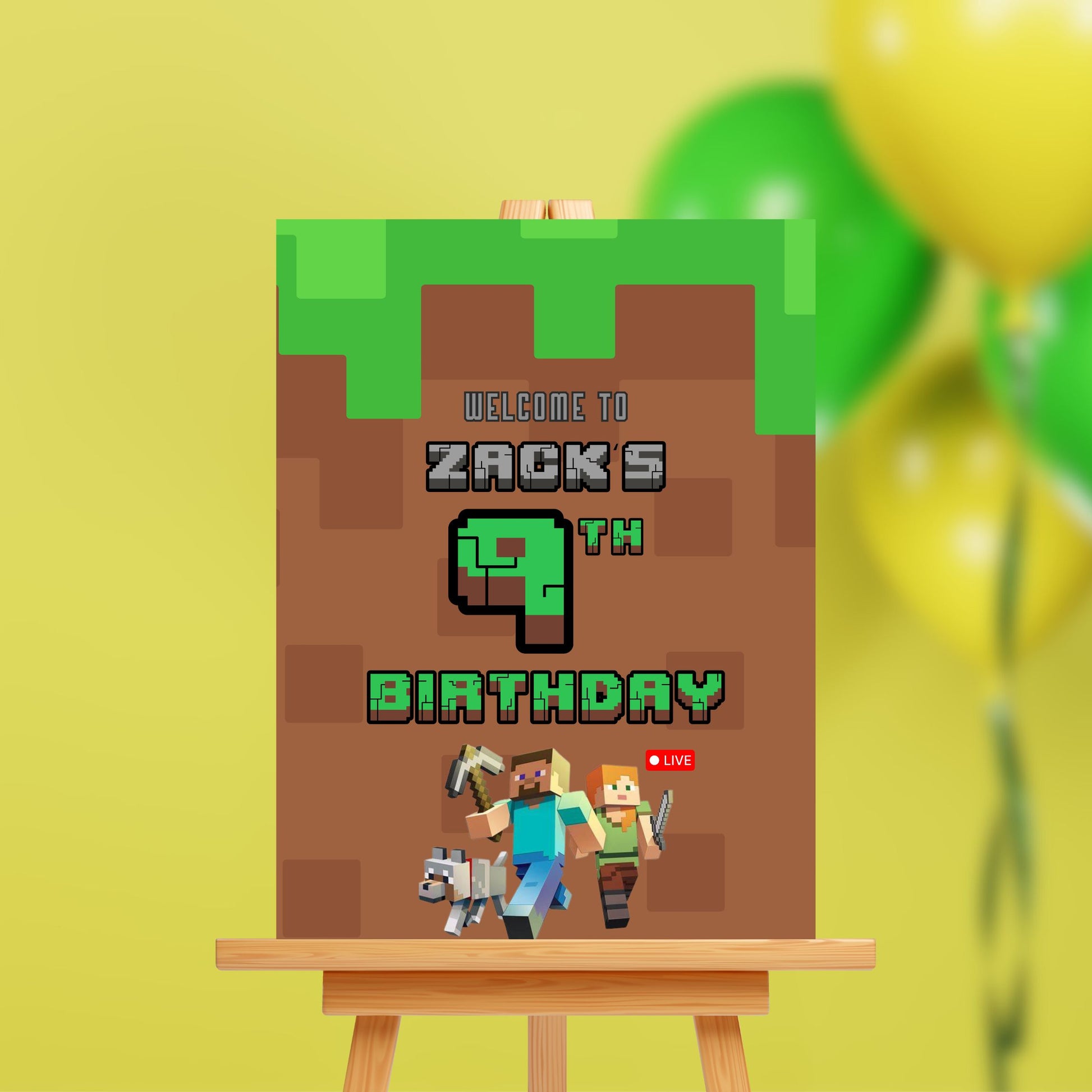 Cusomised Boy's Birthday Party Welcome Sign Board - Minecraft Theme - Personalised Custom Decor