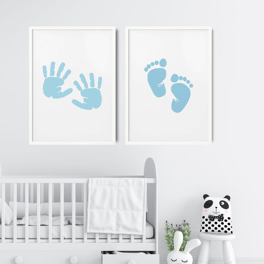 Boy's Poster Set - Nursery Décor Prints - Blue Handprints & Footprints
