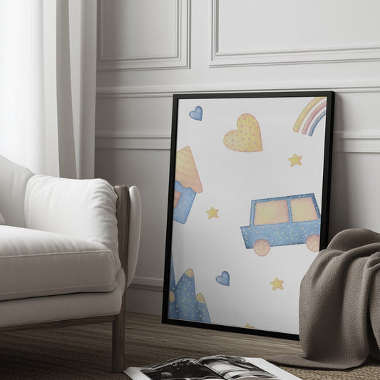 Boy's Poster - Nursery Décor Prints - Blue Car & Rainbow Stars