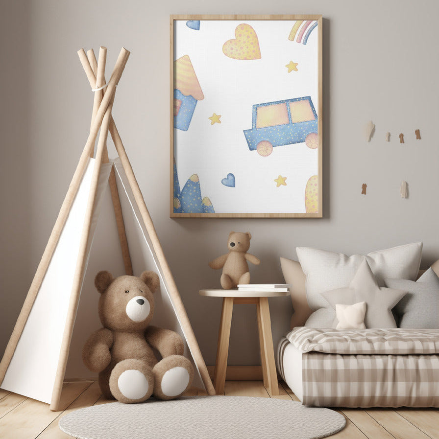 Boy's Poster - Nursery Décor Prints - Blue Car & Rainbow Stars