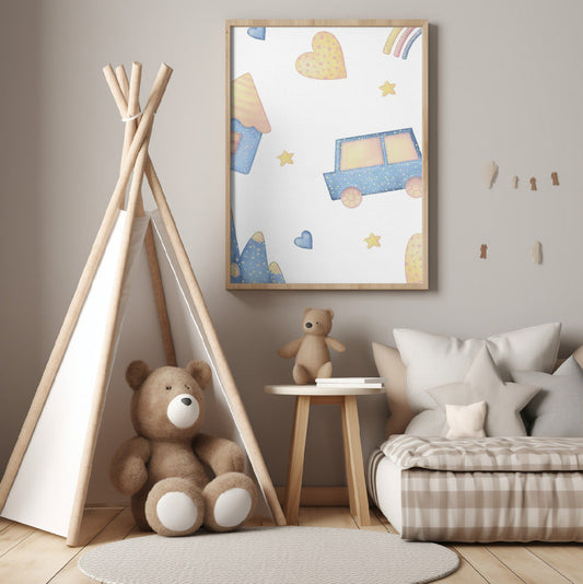 Boy's Poster - Nursery Décor Prints - Blue Car & Rainbow Stars