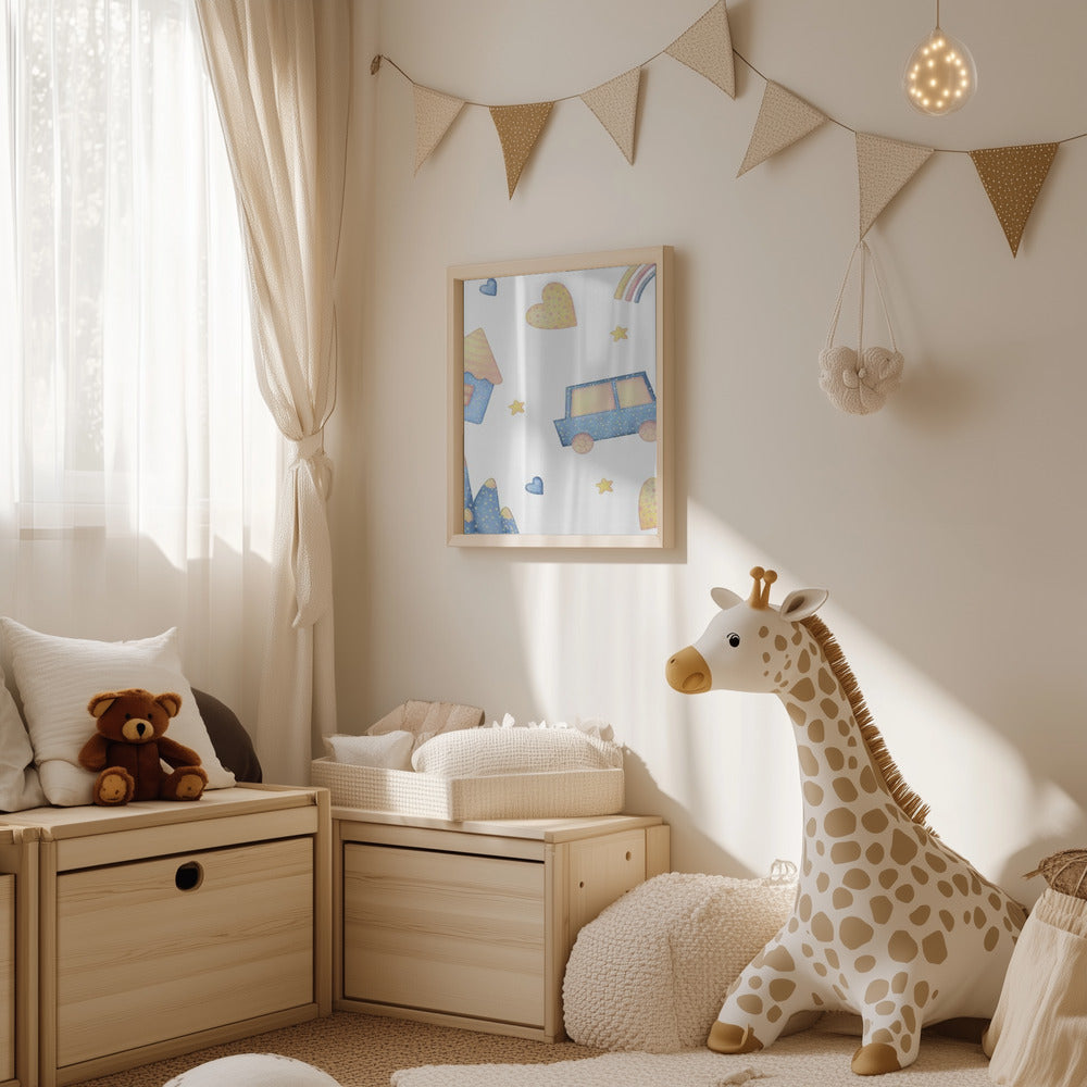 Boy's Poster - Nursery Décor Prints - Blue Car & Rainbow Stars