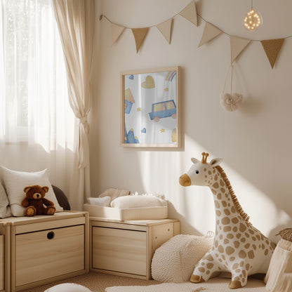 Boy's Poster - Nursery Décor Prints - Blue Car & Rainbow Stars