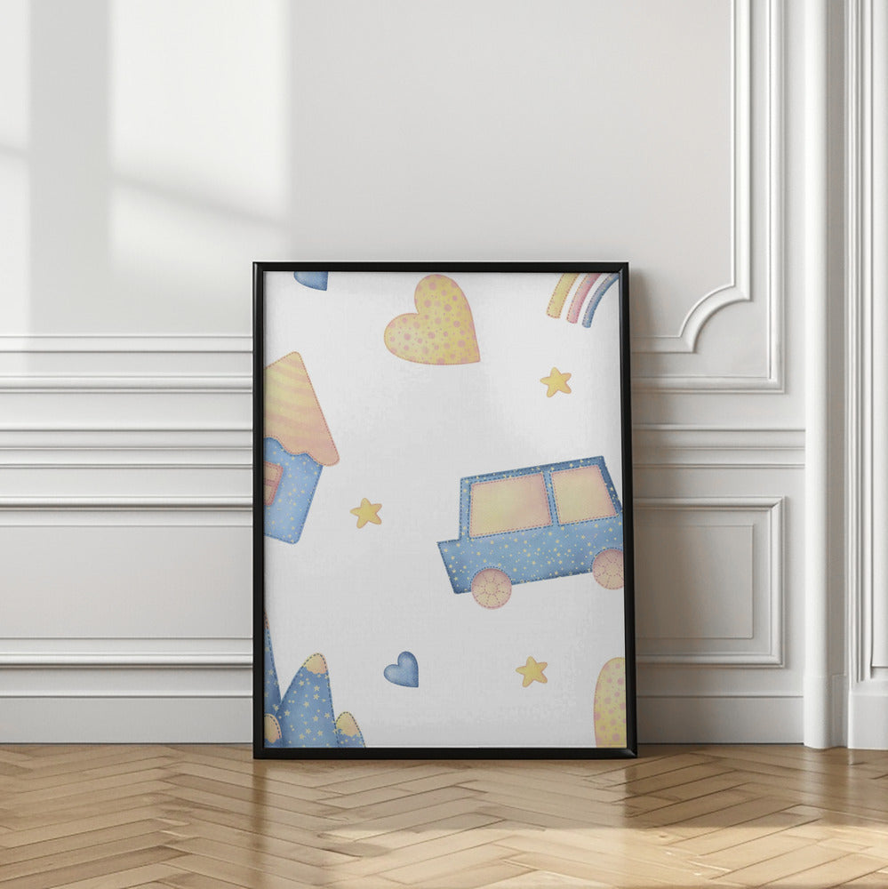 Boy's Poster - Nursery Décor Prints - Blue Car & Rainbow Stars
