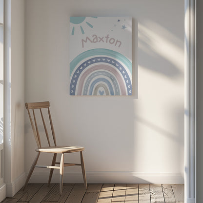 Custom Name on Canvas - Blue Rainbow, Sun & Stars