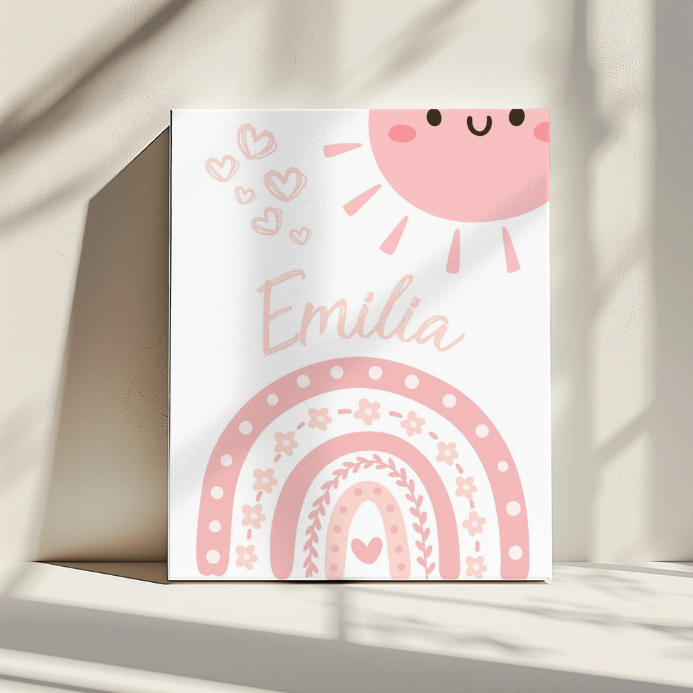 Personalised Canvas Print With Girl's Name, Pink Rainbow & Hearts - Custom Nursery & Kids Decor