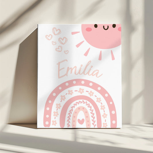 Personalised Canvas Print With Girl's Name, Pink Rainbow & Hearts - Custom Nursery & Kids Decor