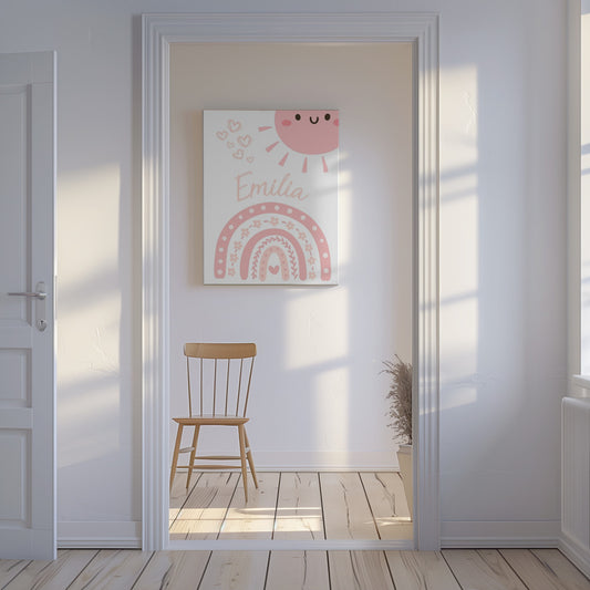Personalised Canvas Print With Girl's Name, Pink Rainbow & Hearts - Custom Nursery & Kids Decor
