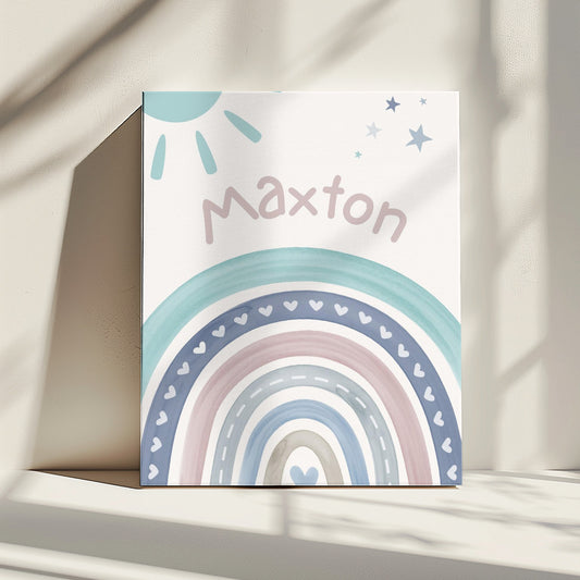 Personalised Boy's Name on Canvas Print - Boho Blue Rainbow - Customised Nursery Kids Decor