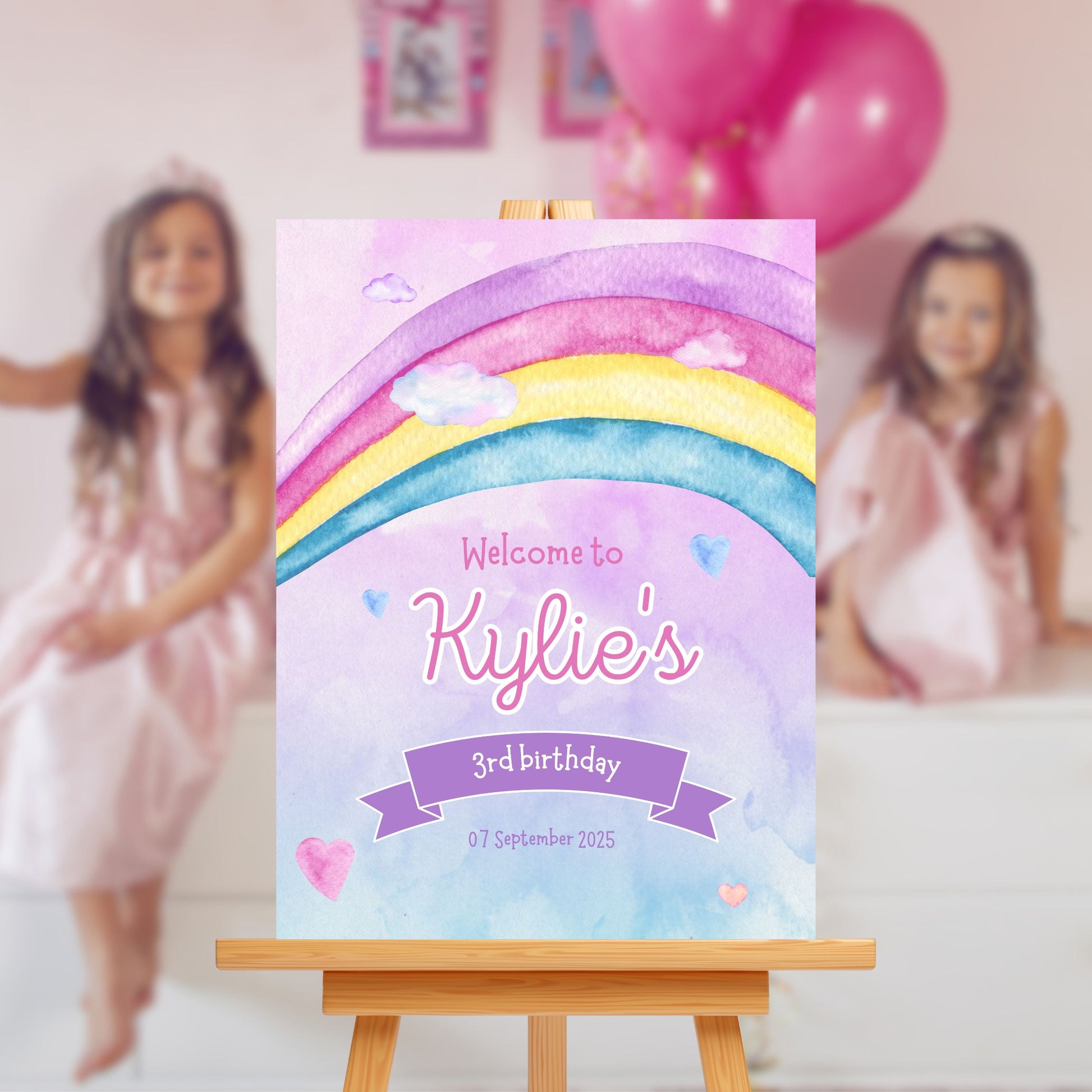 Customised Girl's Birthday Party - Pink Purple Rainbow Sign Board - Personalised Custom Decor
