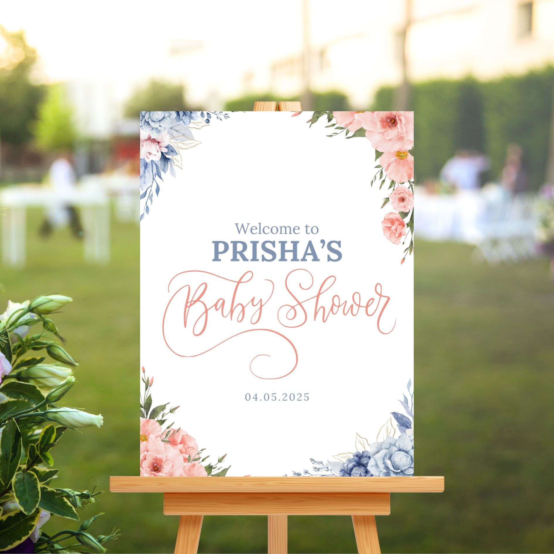 Personalised Sign Board - Pink & Blue Floral Theme - Customised Baby Shower Decor