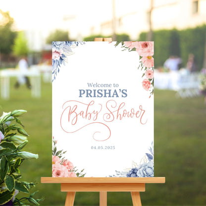 Personalised Sign Board - Pink & Blue Floral Theme - Customised Baby Shower Decor