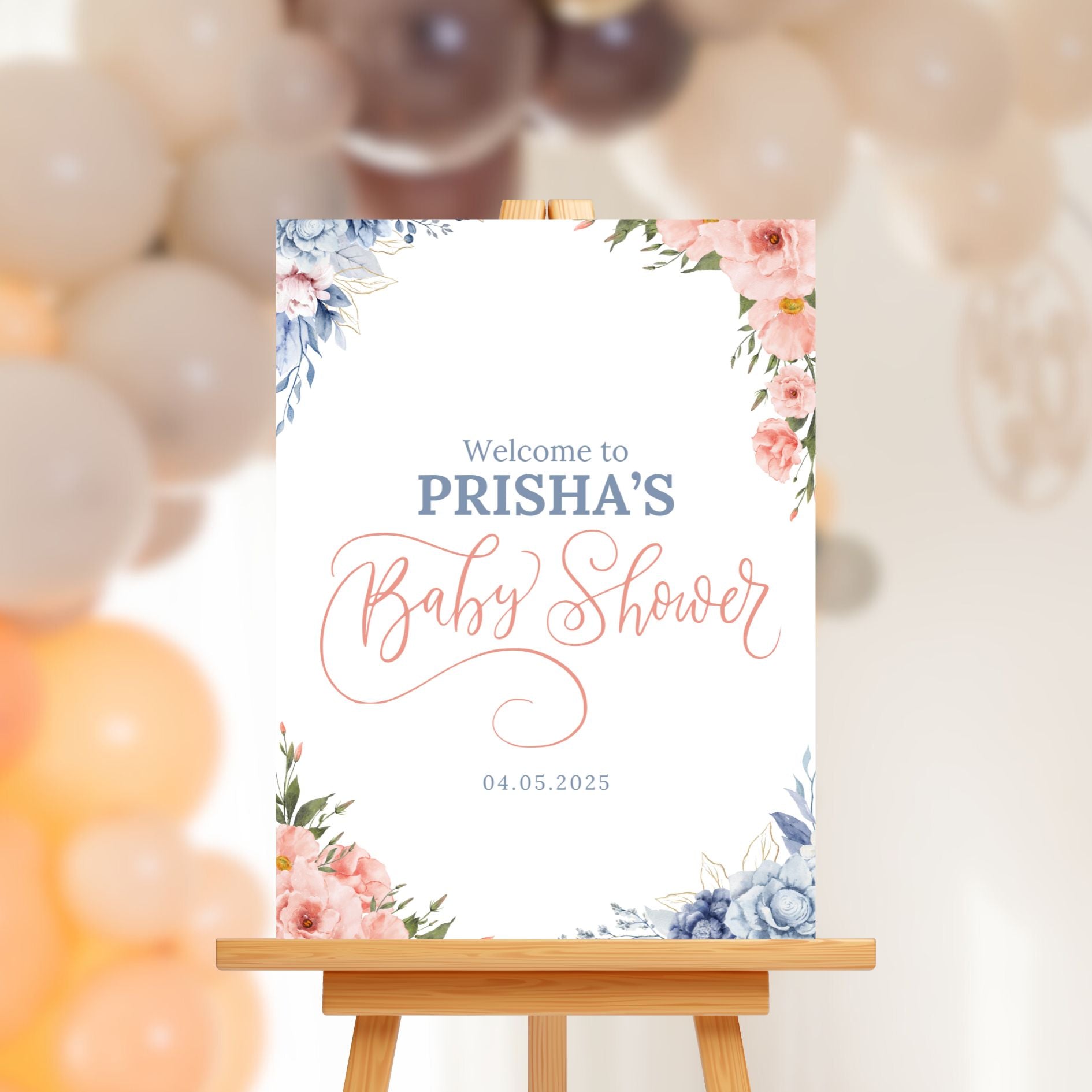 Personalised Sign Board - Pink & Blue Floral Theme - Customised Baby Shower Decor