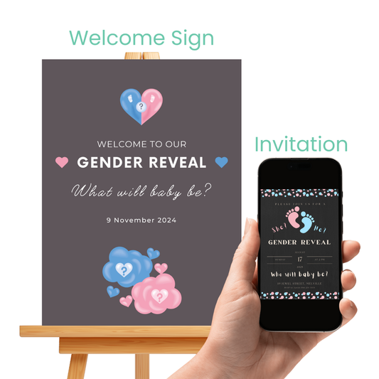 Gender Reveal Bundle - Matching Digital Invitation + Welcome Sign Board - Delivery South Africa - SassiBloom