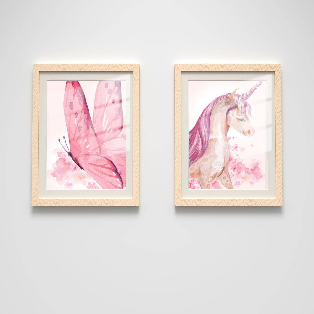 Girl's Wall Art Set - Nursery Décor Prints - Pink Unicorn Butterfly