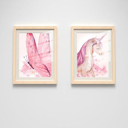 Girl's Wall Art Set - Nursery Décor Prints - Pink Unicorn Butterfly