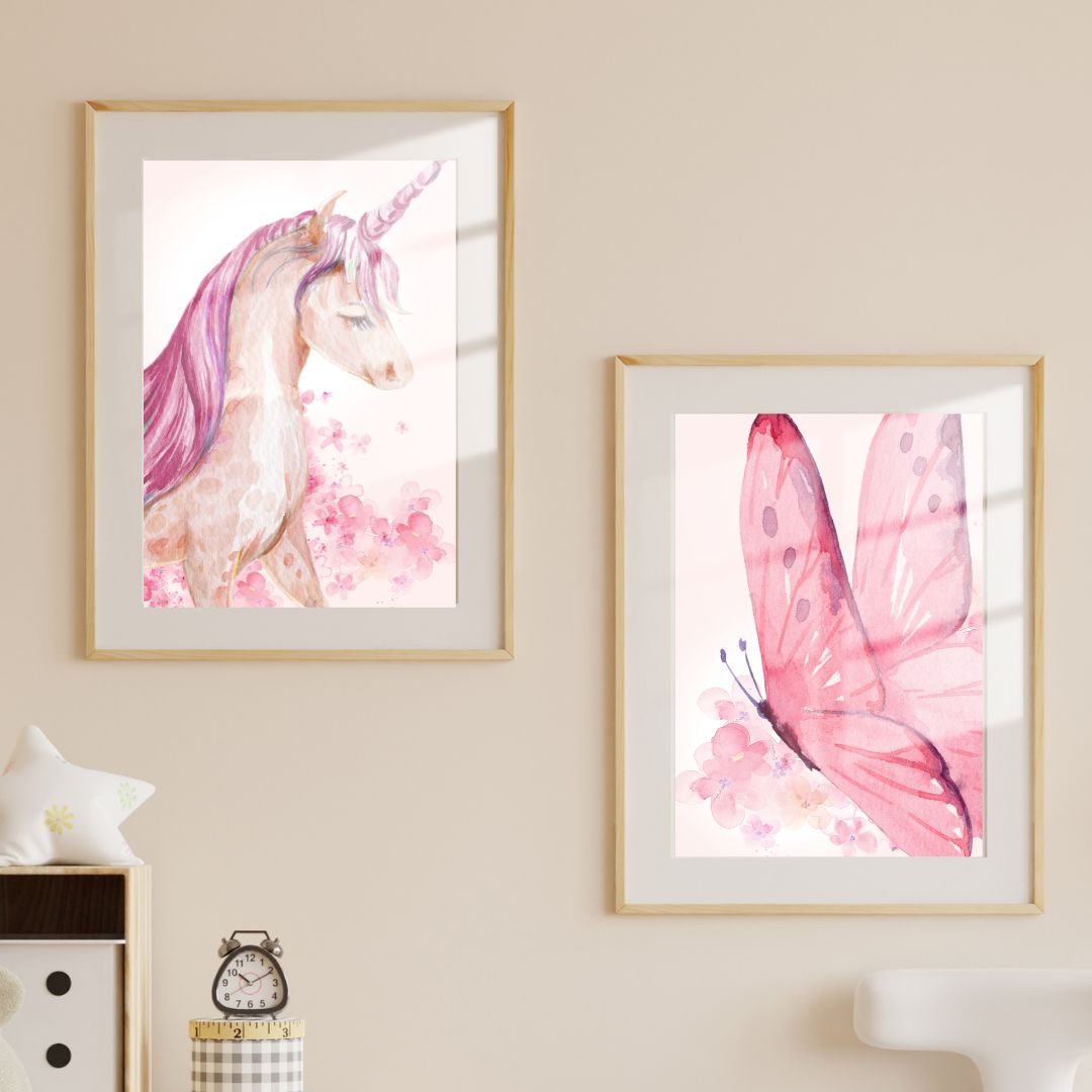 Girl's Wall Art Set - Nursery Décor Prints - Pink Unicorn Butterfly