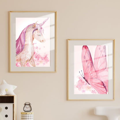 Girl's Wall Art Set - Nursery Décor Prints - Pink Unicorn Butterfly